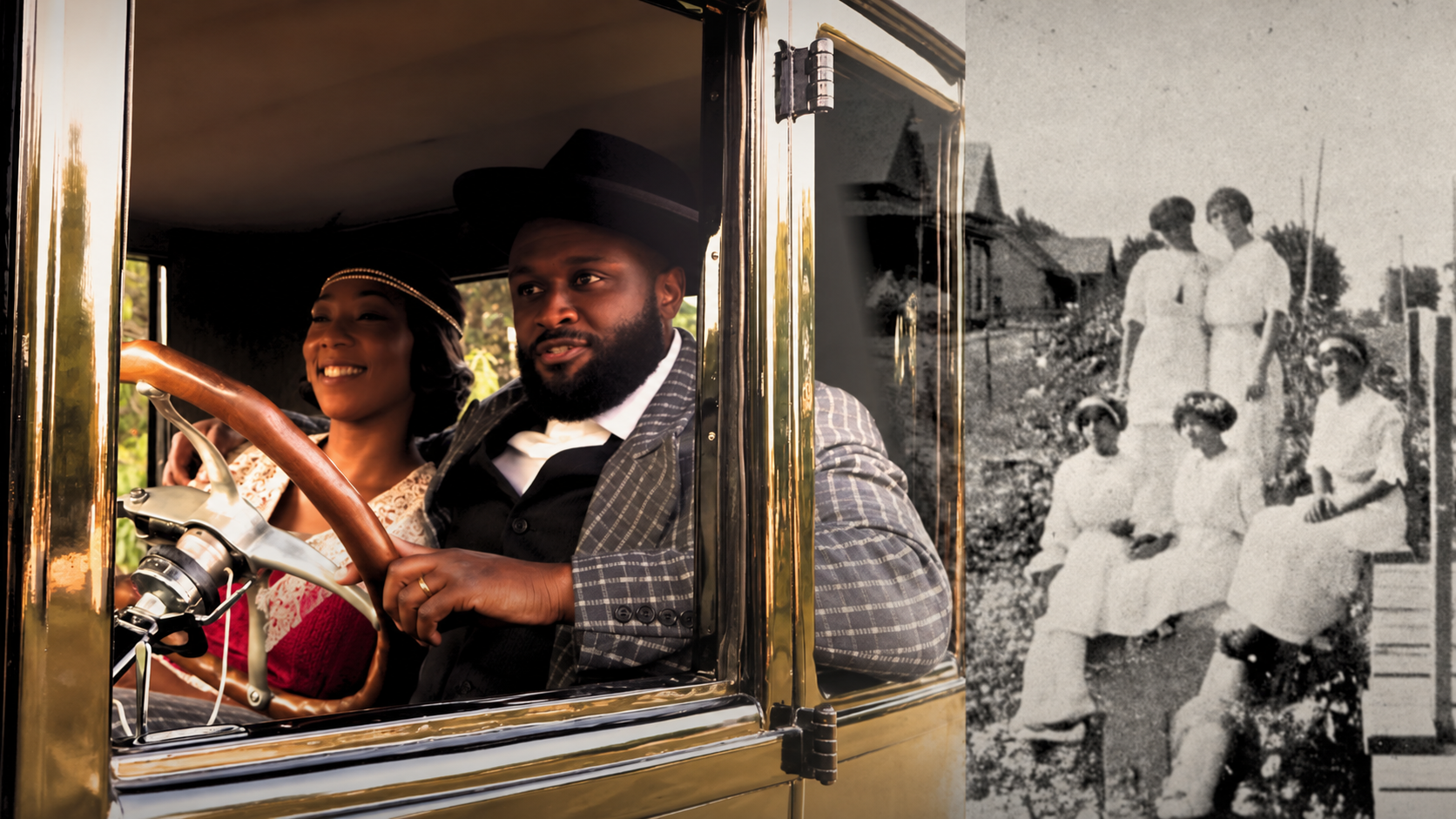 A couple in a period automobile beside a historical photograph of the Quakertown community